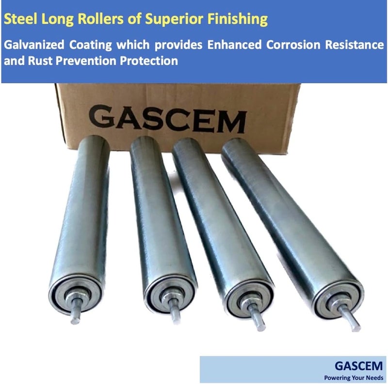 Gascem بكرة ناقل فولاذية مجلفنة بقطر 1.5 بوصة وطول 10 بوصات، قطر المحور 1/4 بوصة | عبوة من 4 | بكرات فولاذية بديلة - Image 3